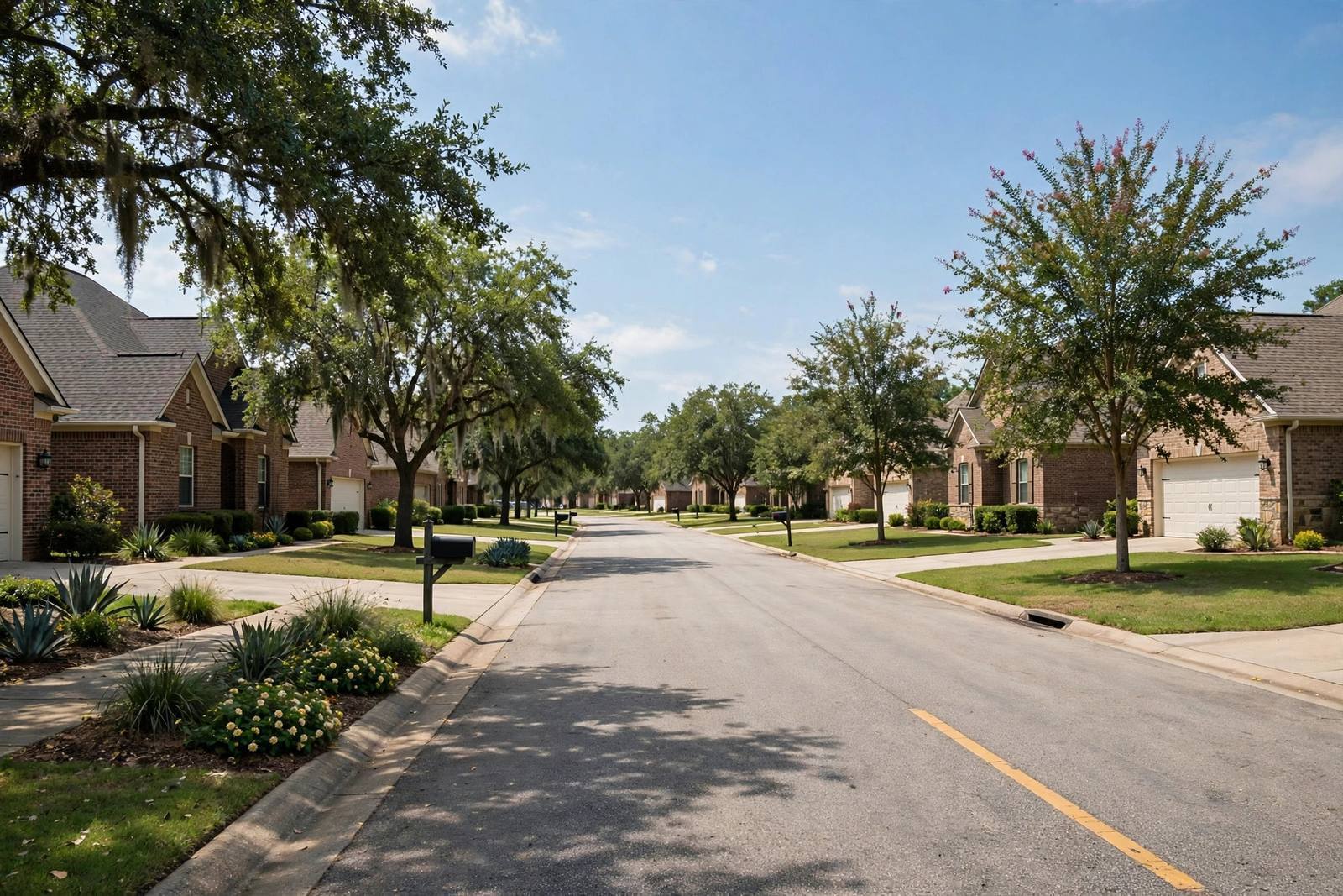 Brick homes in a Texas neighborhood at dusk